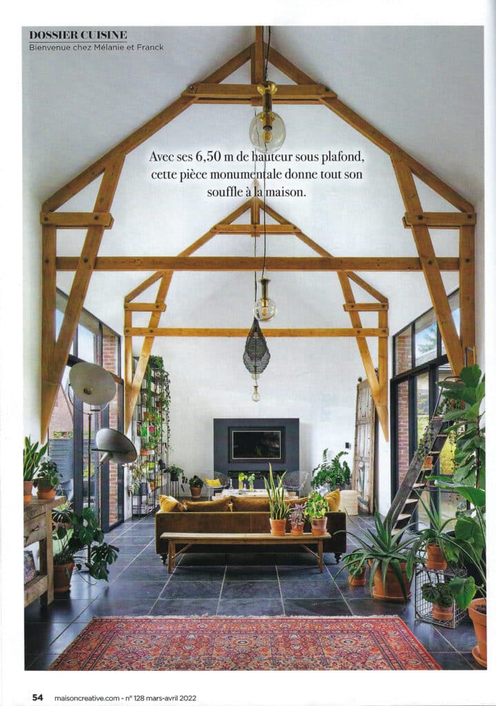 Séjour cathédrale avec poutres en bois et verrière, plantes d’intérieur; « DOSSIER CUISINE »