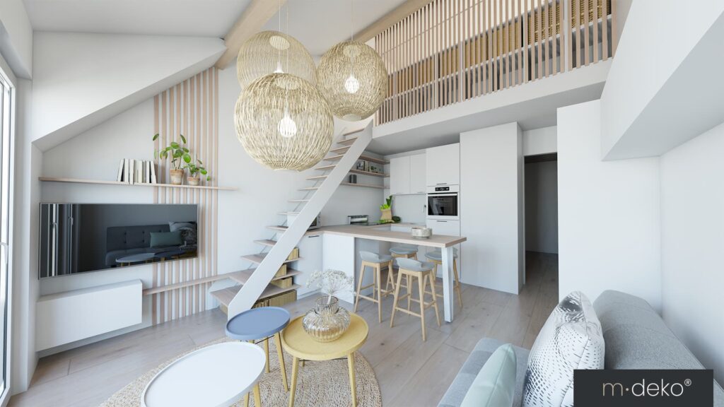Pièce de vie d'un Airbnb à Malo-les-Bains avec cuisine ouverte, coin repas et mezzanine optimisée