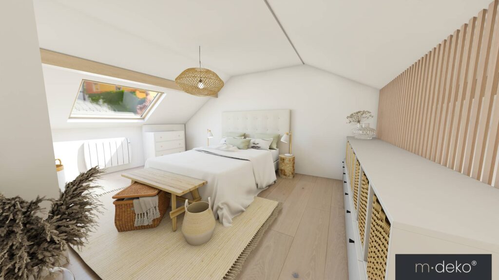 Chambre mansardée aménagée avec rangements intégrés dans un Airbnb à Malo-les-Bains