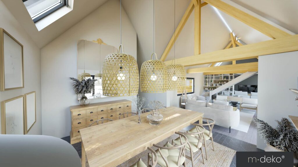 Salle à manger sous combles avec poutres en bois, table en chêne et suspensions décoratives en cannage