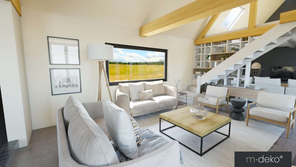 Séjour moderne sous combles avec mobilier blanc, escalier bois et grandes baies vitrées, décoration intérieure contemporaine