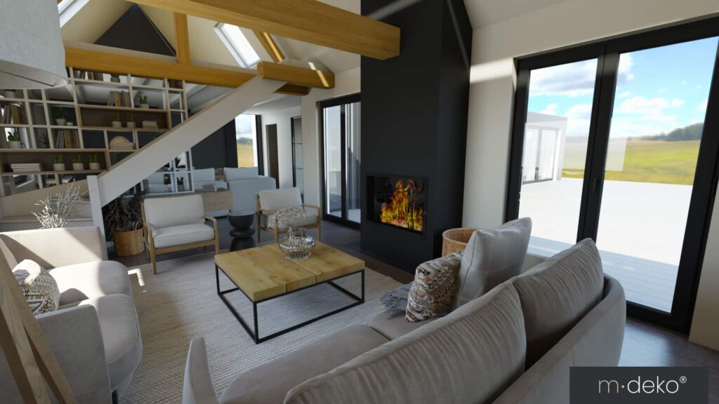Salon contemporain avec cheminée et grandes baies vitrées, aménagement intérieur moderne et vue sur terrasse
