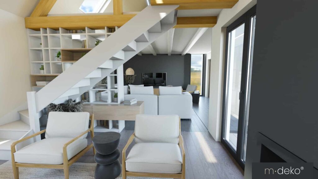 Salon moderne sous escalier avec rangements, canapés clairs et grandes baies vitrées, architecture d’intérieur