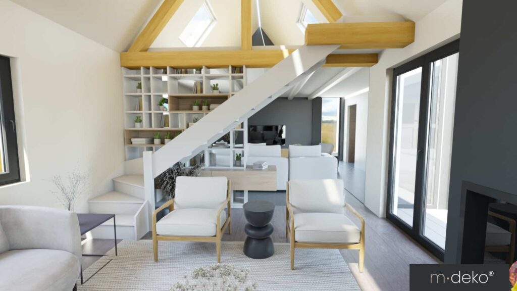 Salon lumineux en duplex avec mezzanine bois, garde-corps blanc, coin détente et grandes baies vitrées modernes