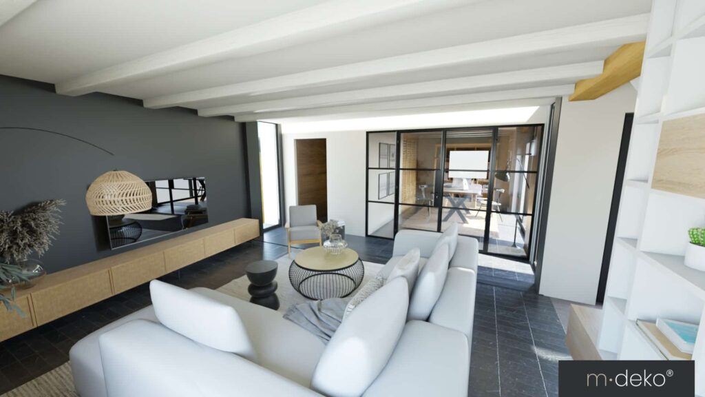 Salon contemporain avec canapés blancs, table ronde et grande baie vitrée, design m.deko