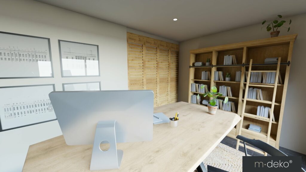 Bureau lumineux avec grande table en bois et bibliothèque murale, décoration intérieure