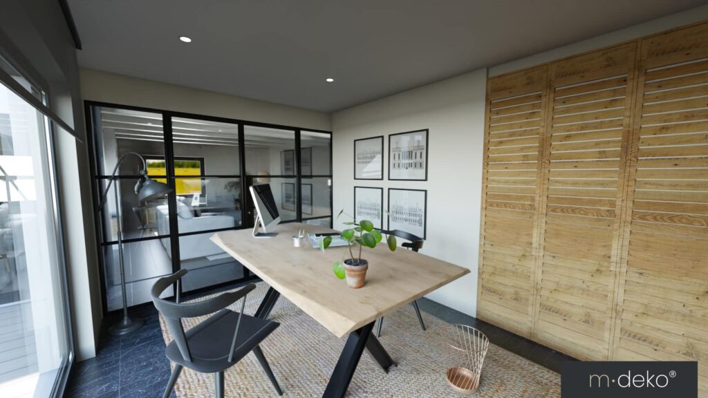 Salle à manger moderne : table en bois, chaises design et cloison vitrée