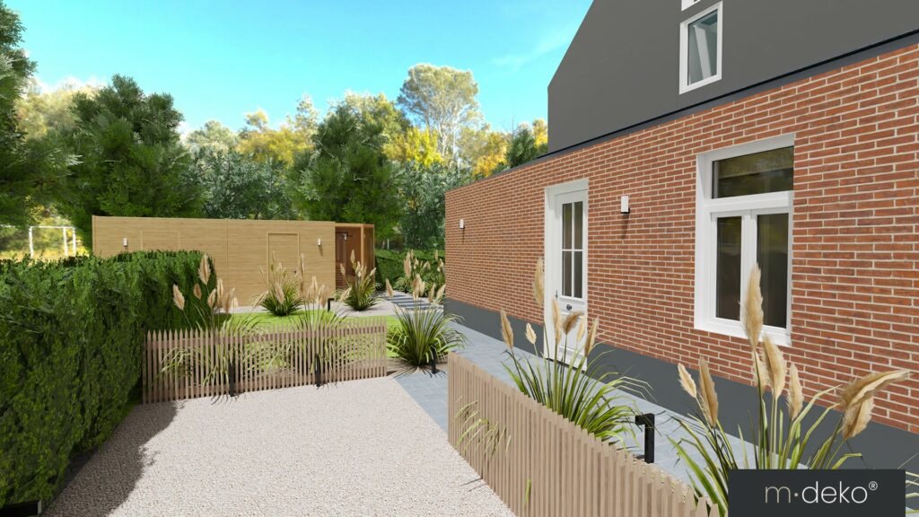 Allée de terrasse moderne en pierre, briques et végétation, aménagement extérieur avec clôture en bois
