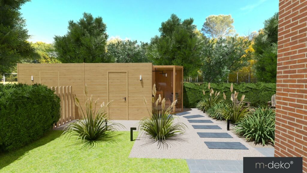 Allée de terrasse contemporaine avec dalles et clôture en bois, entourée de jardins paysagers et de végétation