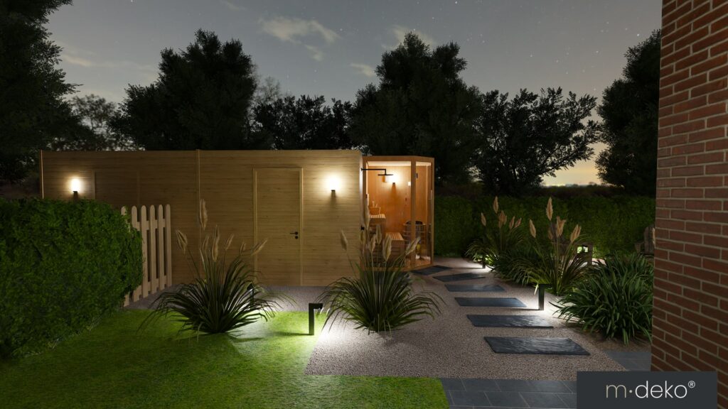 Terrasse moderne éclairée avec pergola en bois, allée en pierres et jardin paysager, vue nocturne