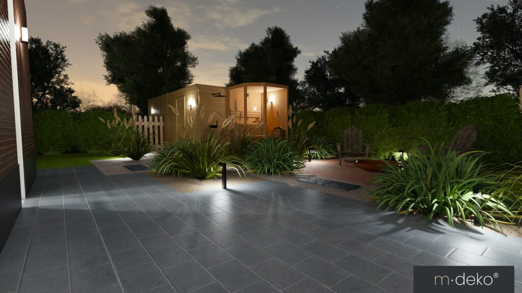 Terrasse extérieure moderne éclairée avec végétation et coin salon, ambiance paysagère et décoration