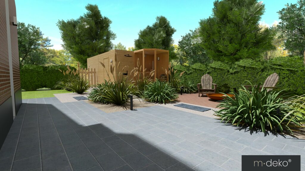 Terrasse moderne avec plantes, allée en dalles, coin détente et mobilier en bois, vue sur jardin paysager