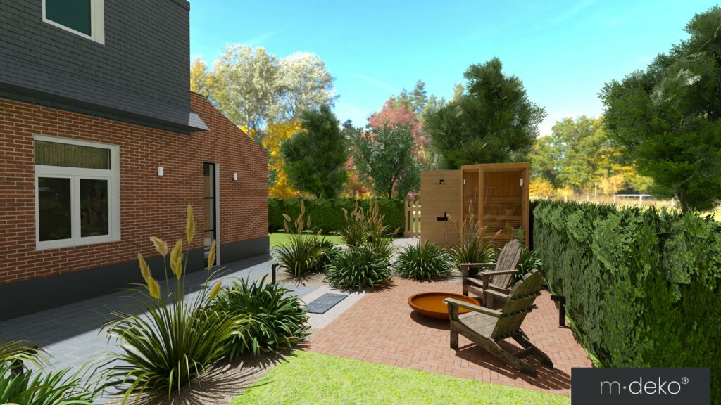 Terrasse moderne avec jardin paysager, banc et plantes près d’une maison en briques