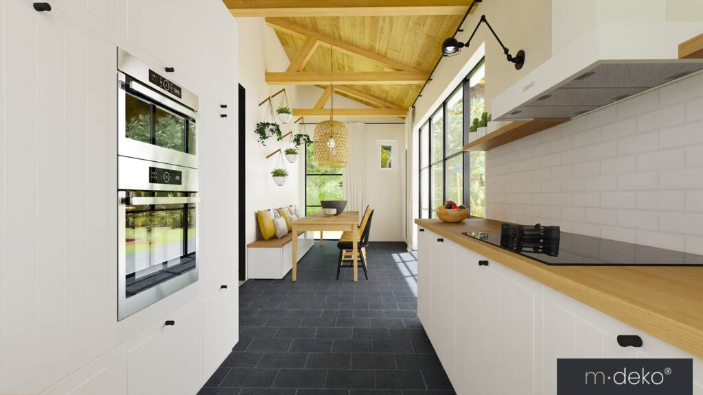 Cuisine ouverte design blanc et bois avec verrières, coin repas et éclairage suspendu, aménagement intérieur moderne