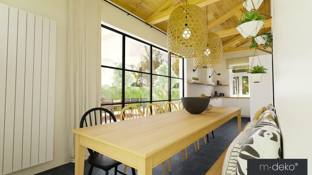 Salle à manger lumineuse avec verrière, plafond bois et mobilier en bois clair, ambiance décoration intérieure moderne
