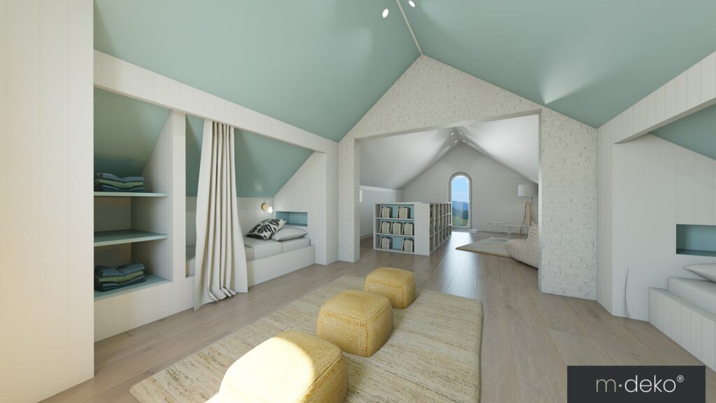 Aménagement de chambre mansardée avec dressing intégré, lit et coin détente, style moderne et tons vert d’eau