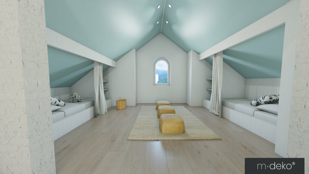 Aménagement intérieur en visualisation 3D : coin détente mansardé avec banquettes intégrées blanches et mur bleu ciel