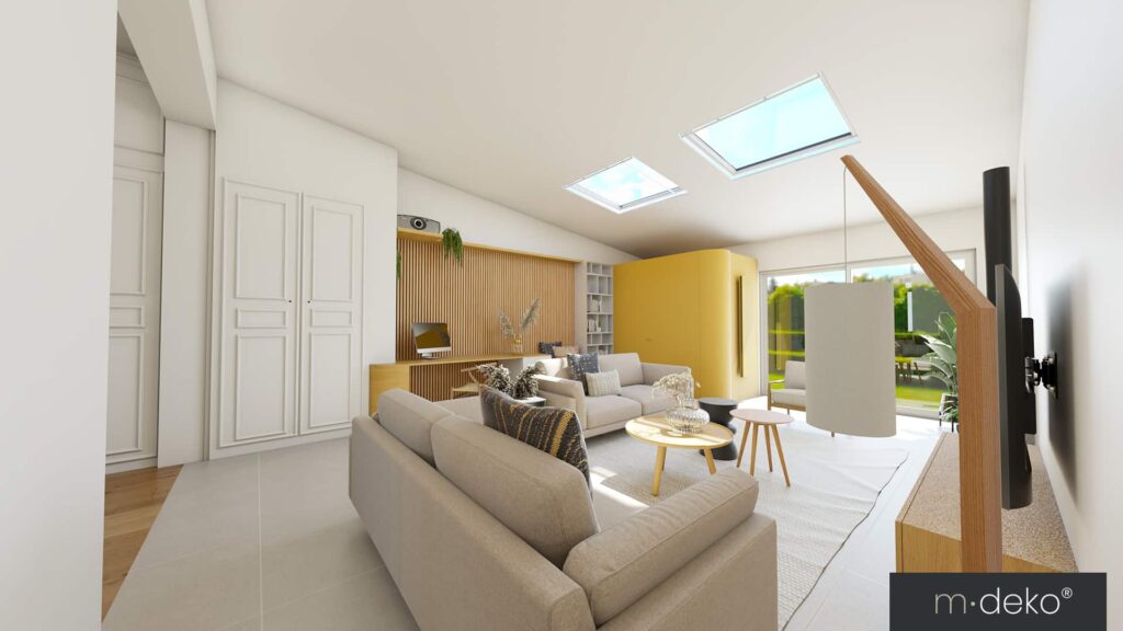 Salon lumineux contemporain avec verrière et aménagement intérieur, vue sur terrasse et jardin