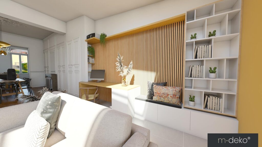 Salon contemporain avec bibliothèque intégrée en bois, cloisons à lattes et banquette