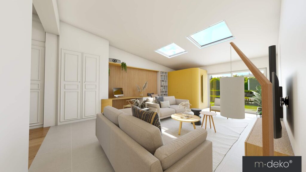 Salon contemporain lumineux avec verrière, canapé beige, touches jaunes et accès terrasse, visualisation 3D d’aménagement intérieur