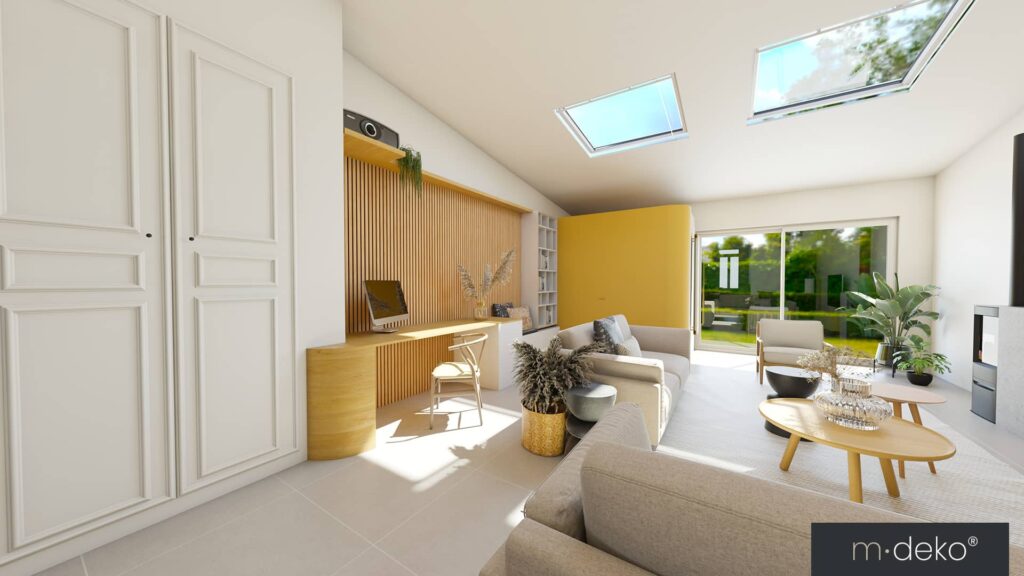 Salon lumineux moderne avec verrière sur terrasse, puits de lumière et mobilier beige