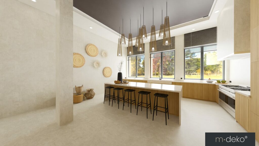 Cuisine ouverte moderne avec îlot en bois, suspensions design et grandes fenêtres panoramiques, décoration intérieure