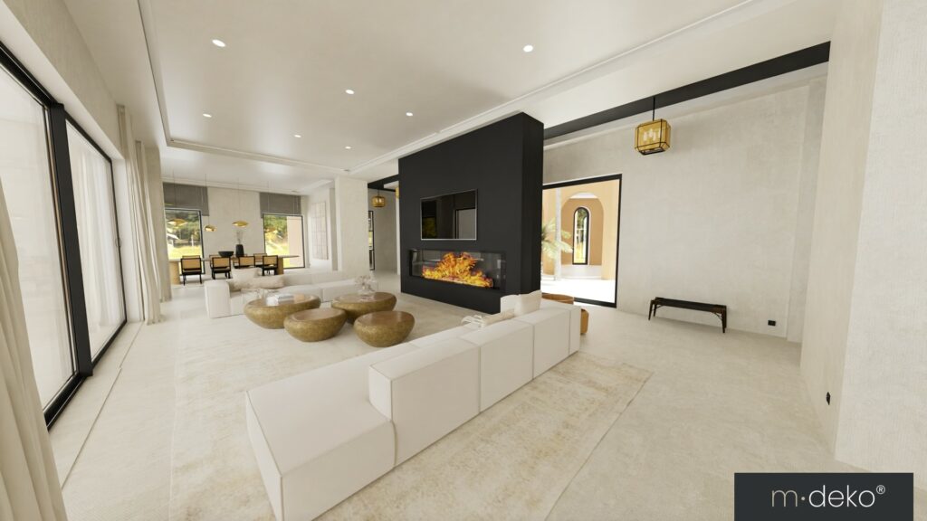 Salon contemporain lumineux avec cheminée encastrée et mur TV, agencement moderne et matériaux clairs