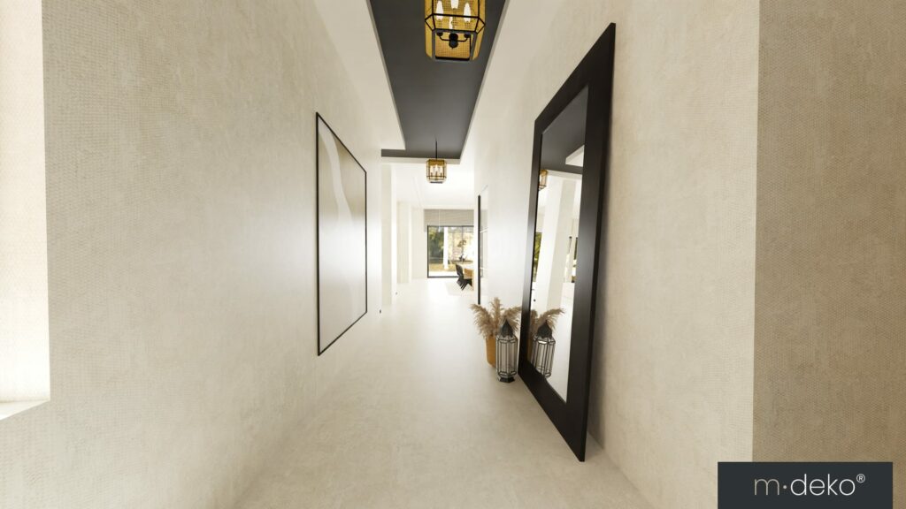 Couloir moderne éclairé avec grandes portes noires et revêtement clair