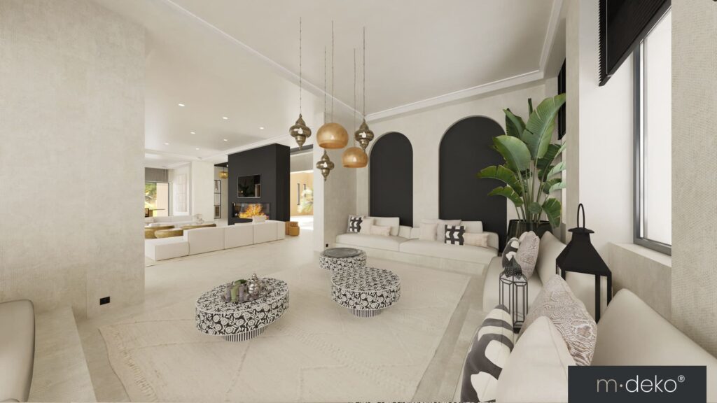 Salon lumineux design avec alcôves, cheminée noire et mobilier beige, décoration intérieure 3D élégante