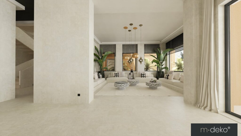 Décoration intérieure : vaste salon lumineux aux tons beige, rideaux, plantes et lustre, aménagement élégant