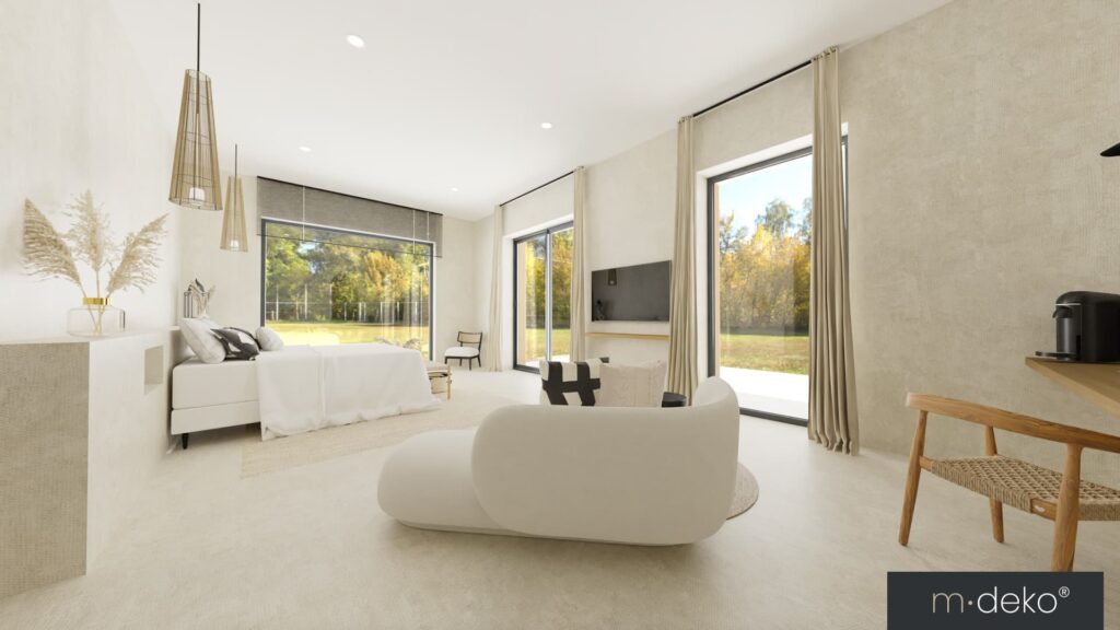Salon moderne lumineux, aménagement intérieur avec grandes baies vitrées