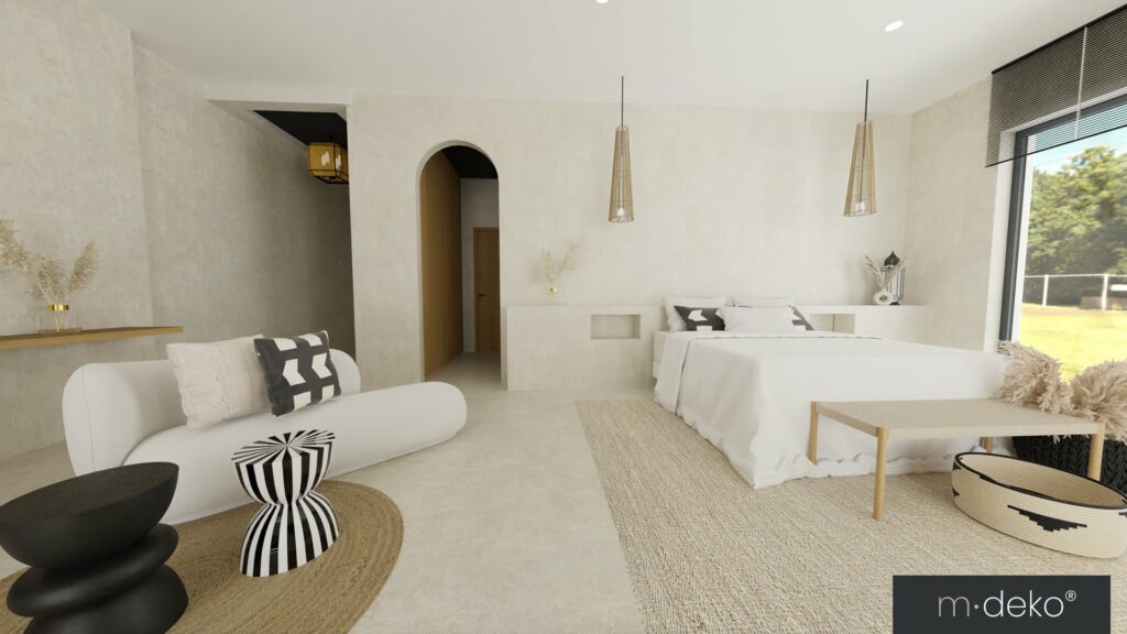 Salon contemporain blanc avec canapé et fauteuil, touches noires, vue baies vitrées et aménagement intérieur 3D