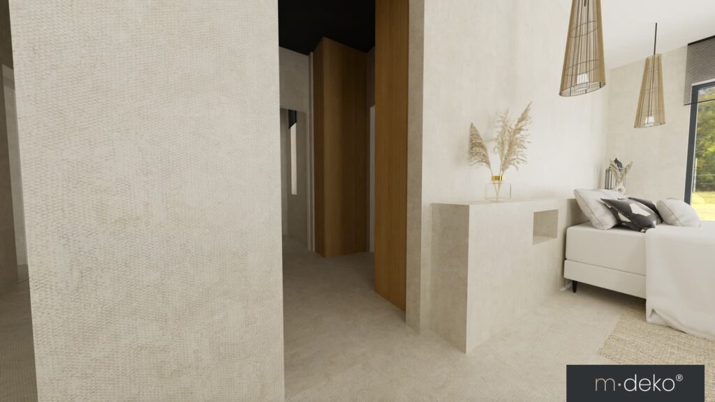 Salon moderne avec murs texturés, console béton et suspensions pour décoration intérieure
