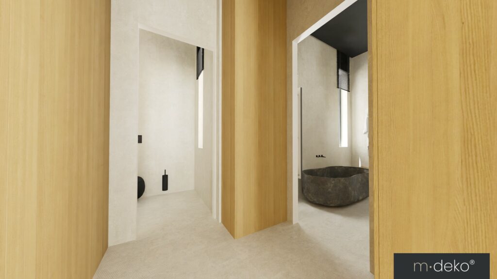 Couloir de salle de bain minimaliste, vasque en pierre sombre et menuiserie en bois