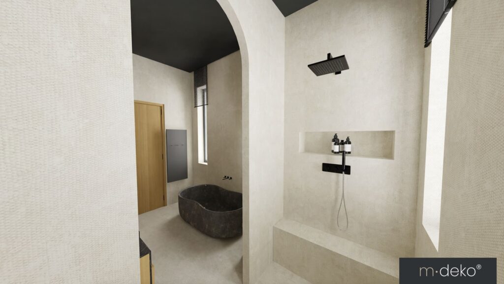 Salle de bain moderne avec vasque et douche à l’italienne, parois beige, robinet noir