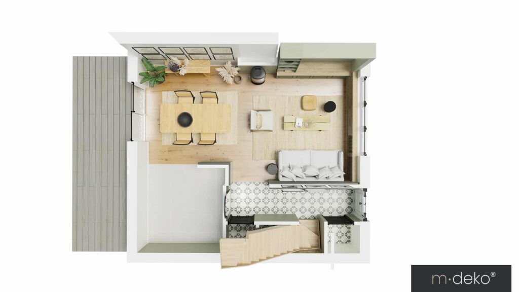 Plan 3D d’un aménagement intérieur avec salon, cuisine et terrasse ouverte, style contemporain, vue du dessus