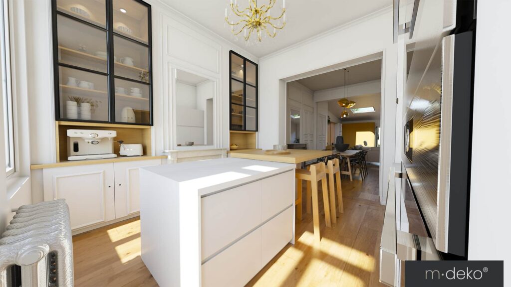 Cuisine blanche moderne avec îlot central, boiseries et rangements sur mesure, design épuré et chaleureux