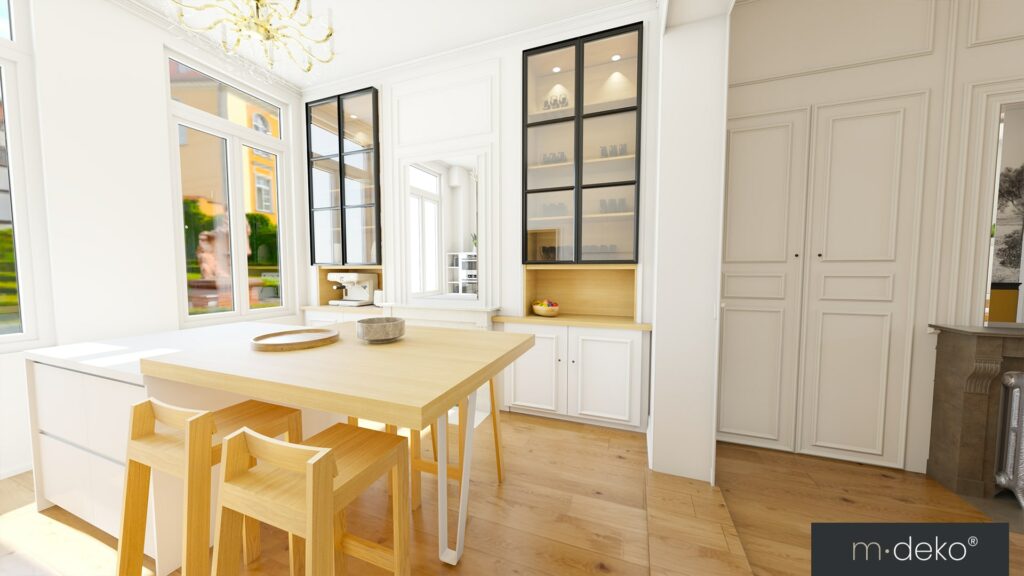 Salle à manger lumineuse avec table en bois, menuiseries blanches et rangements muraux intégrés, style décoration intérieure