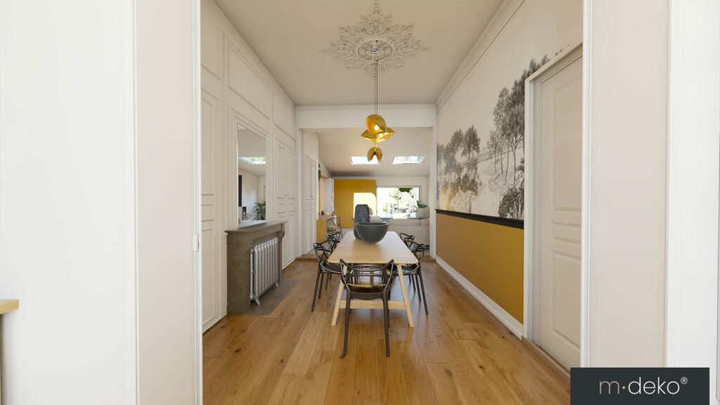 Salle à manger lumineuse avec parquet, mobilier moderne et mur décoratif nature dans un intérieur aménagé