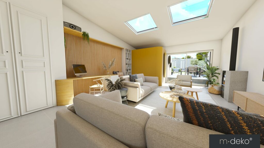 Salon contemporain avec accents jaunes, baies vitrées et velux, visualisation 3D d’aménagement intérieur