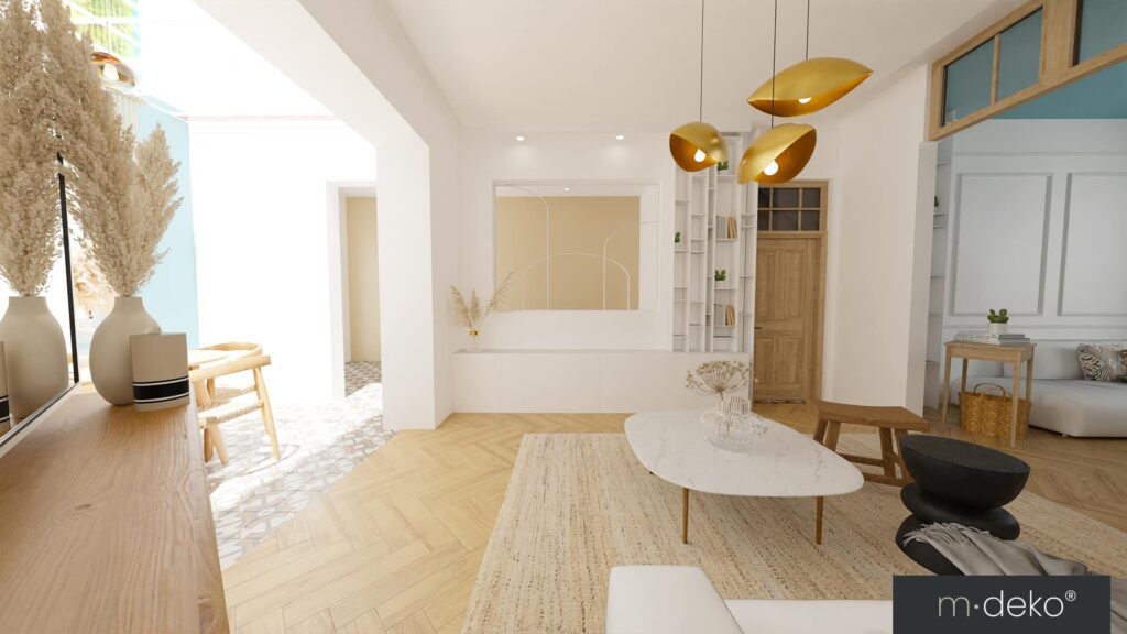 Séjour lumineux au design scandinave, luminaires dorés et table marbre, porte-fenêtres