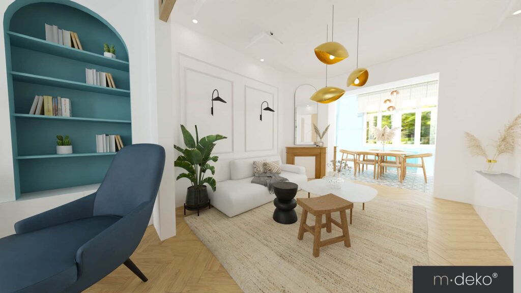 Salon lumineux avec bibliothèque cintrée bleue, mobilier design et salle à manger ouverte