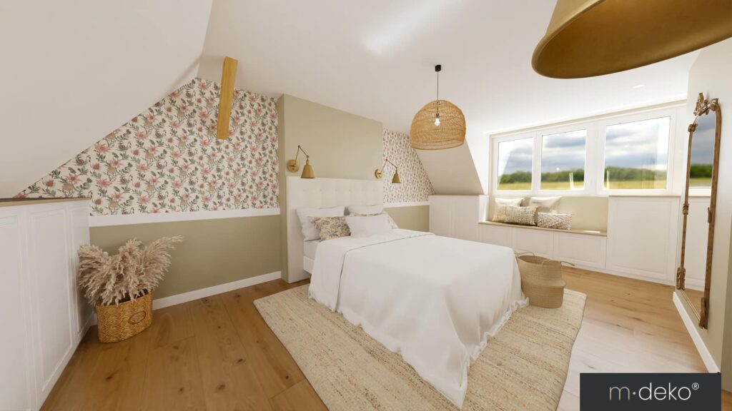 Chambre mansardée lumineuse avec papier peint fleuri, lit blanc et grand miroir, style déco