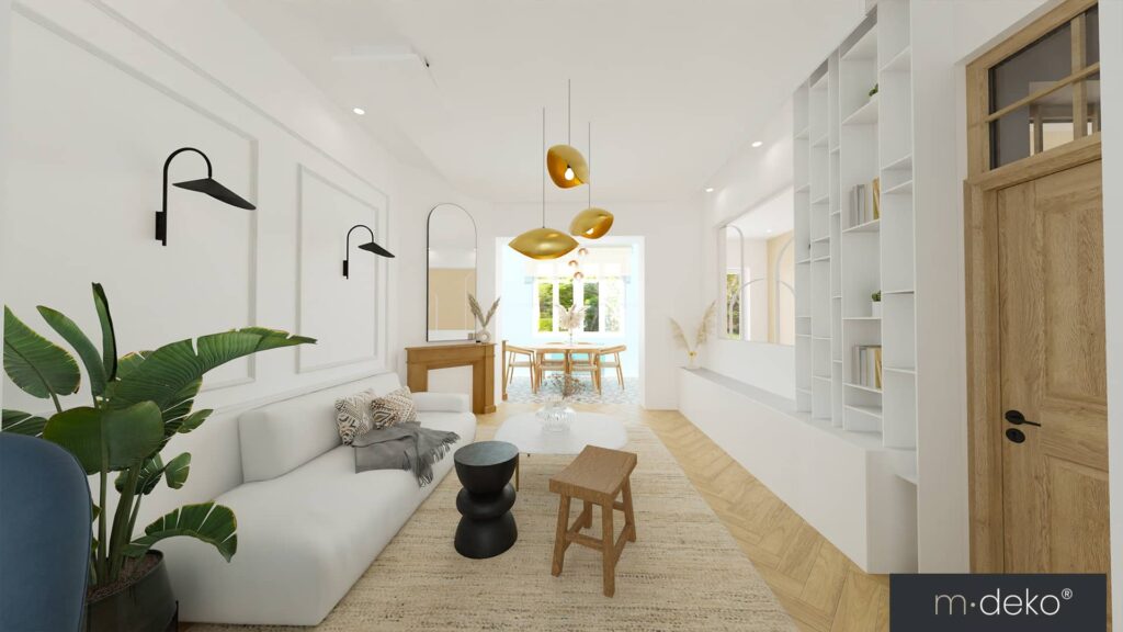 Salon lumineux contemporain avec étagères sur mesure, canapé blanc et visualisation 3D de décoration intérieure