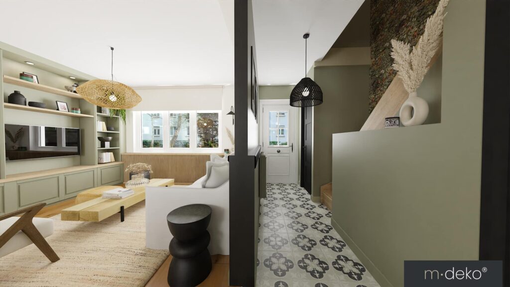 Salon et couloir lumineux au design moderne, étagères sur mesure, sol à motifs, luminaires noirs