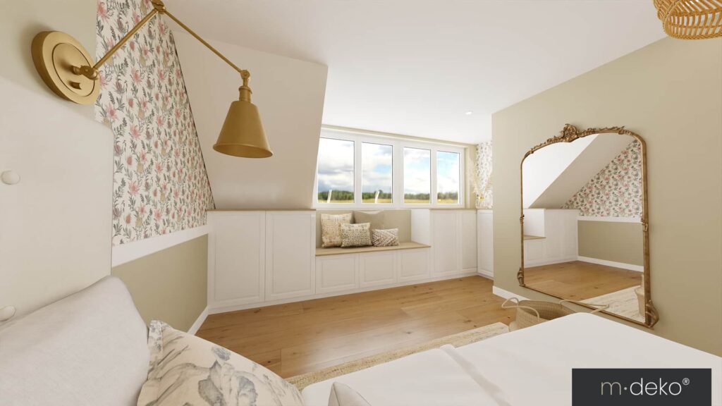 Chambre lumineuse avec décoration d’intérieur, banquette sur mesure, miroir doré et papier peint fleuri
