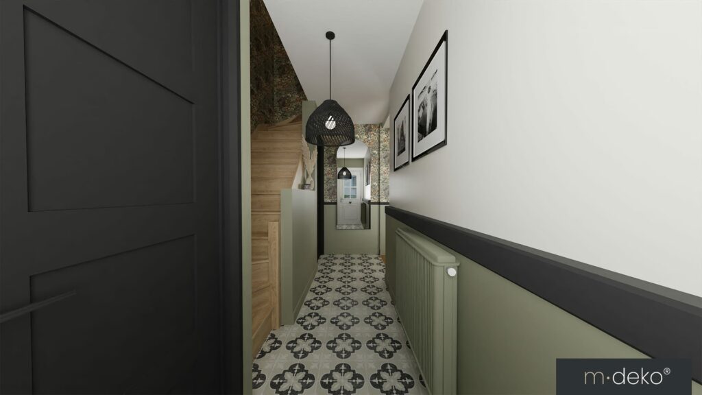 Couloir d’aménagement intérieur moderne : tapis motifs, radiateur vert, éclairage suspendu, pierres brutes