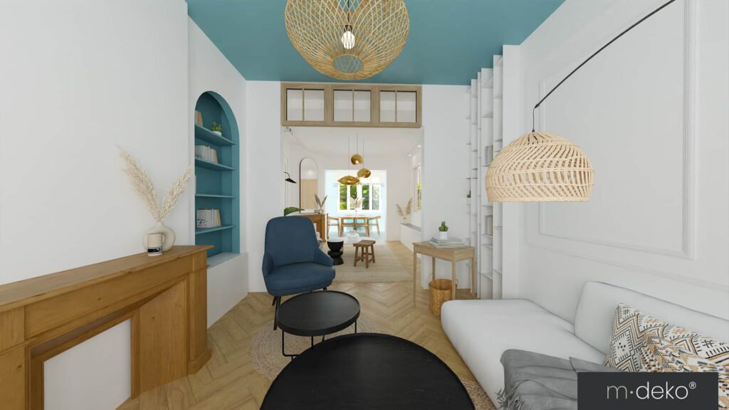 Salon lumineux design scandinave, bibliothèque bleue, fauteuil et suspensions en rotin