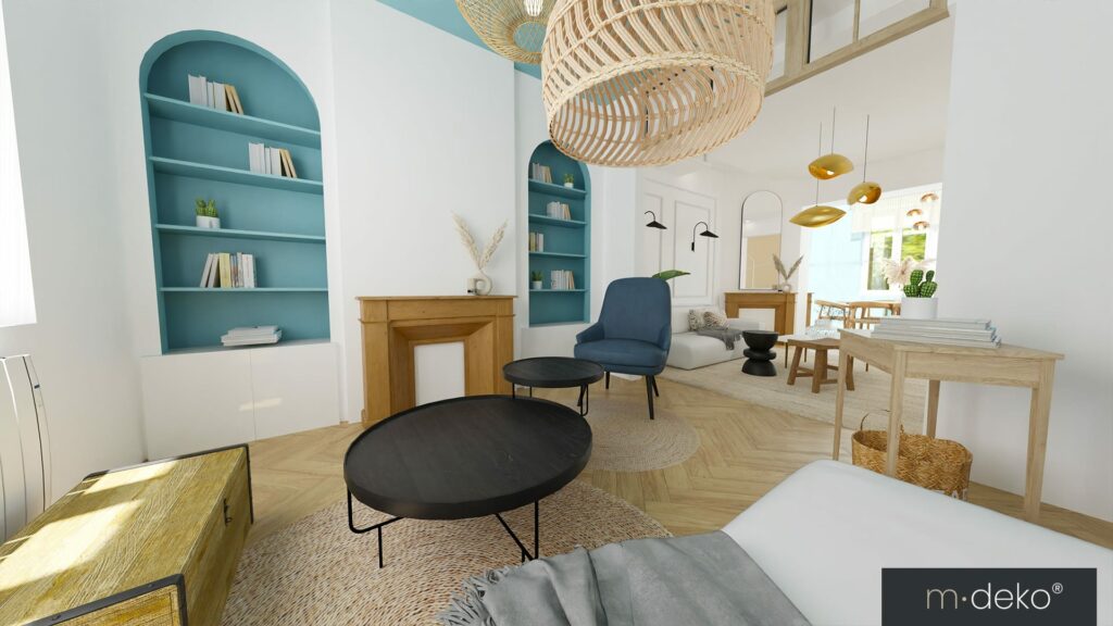 Aménagement intérieur lumineux avec étagères bleu ciel, banquette, suspensions en rotin et logo