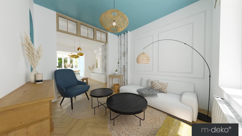 Salon lumineux blanc et bleu, canapés et arche d’éclairage, aménagement d’intérieur